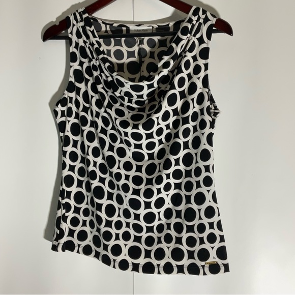 Calvin Klein NWT’s Sleeveless Draped Neckline Black White Polka Dot Blouse Sz M - Picture 15 of 15